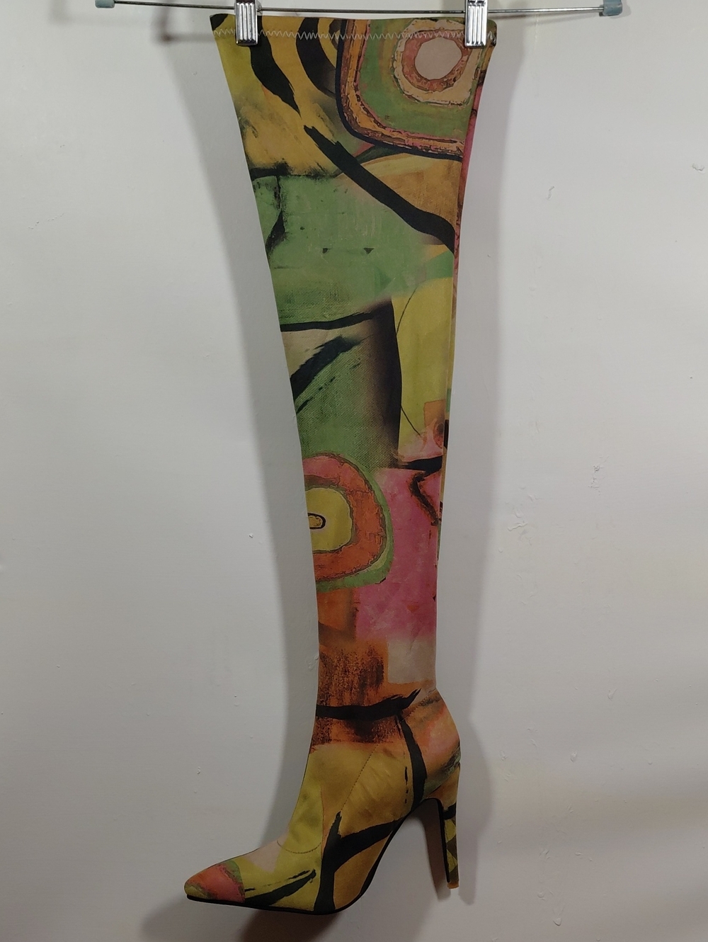 Abstract Print Over-the-Knee Sock Stiletto Boot - Green/Pink/Yellow Size 255/9.5